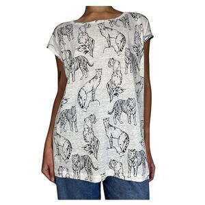Linen Safari Cat Print Button Back Tank Top Women’s Medium Art Graphic Whimsical